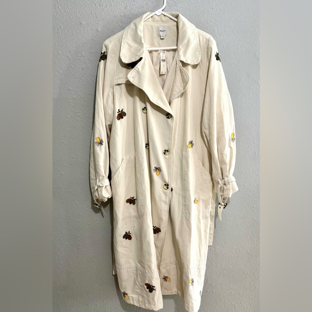 NWT ANTHROPOLOGIE MAEVE Bumble Bee Embroidered TRENCH COAT XL Cream